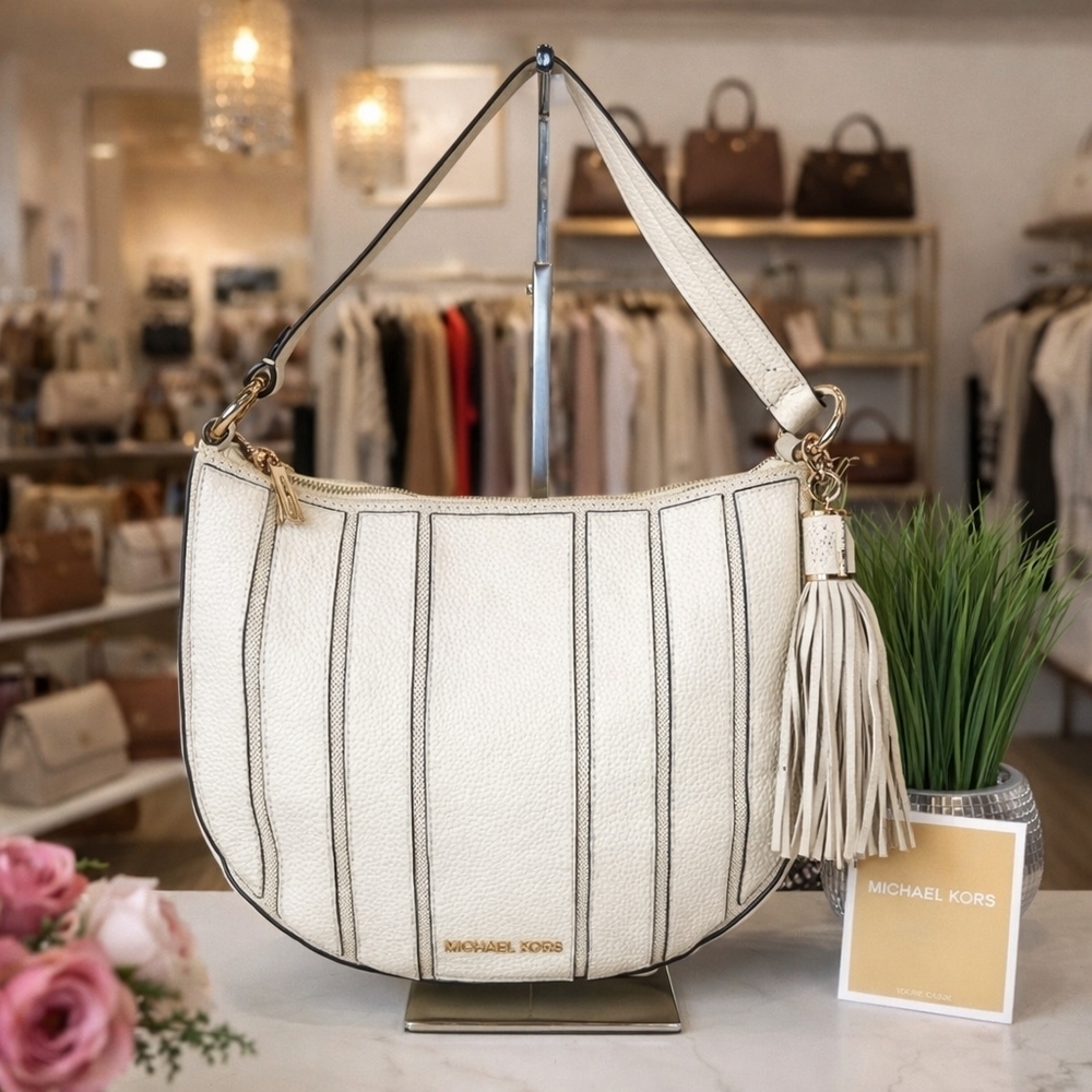 MICHAELβ Michael Kors Hobo Cream Gold Shoulder Bag with Tassels Purse
